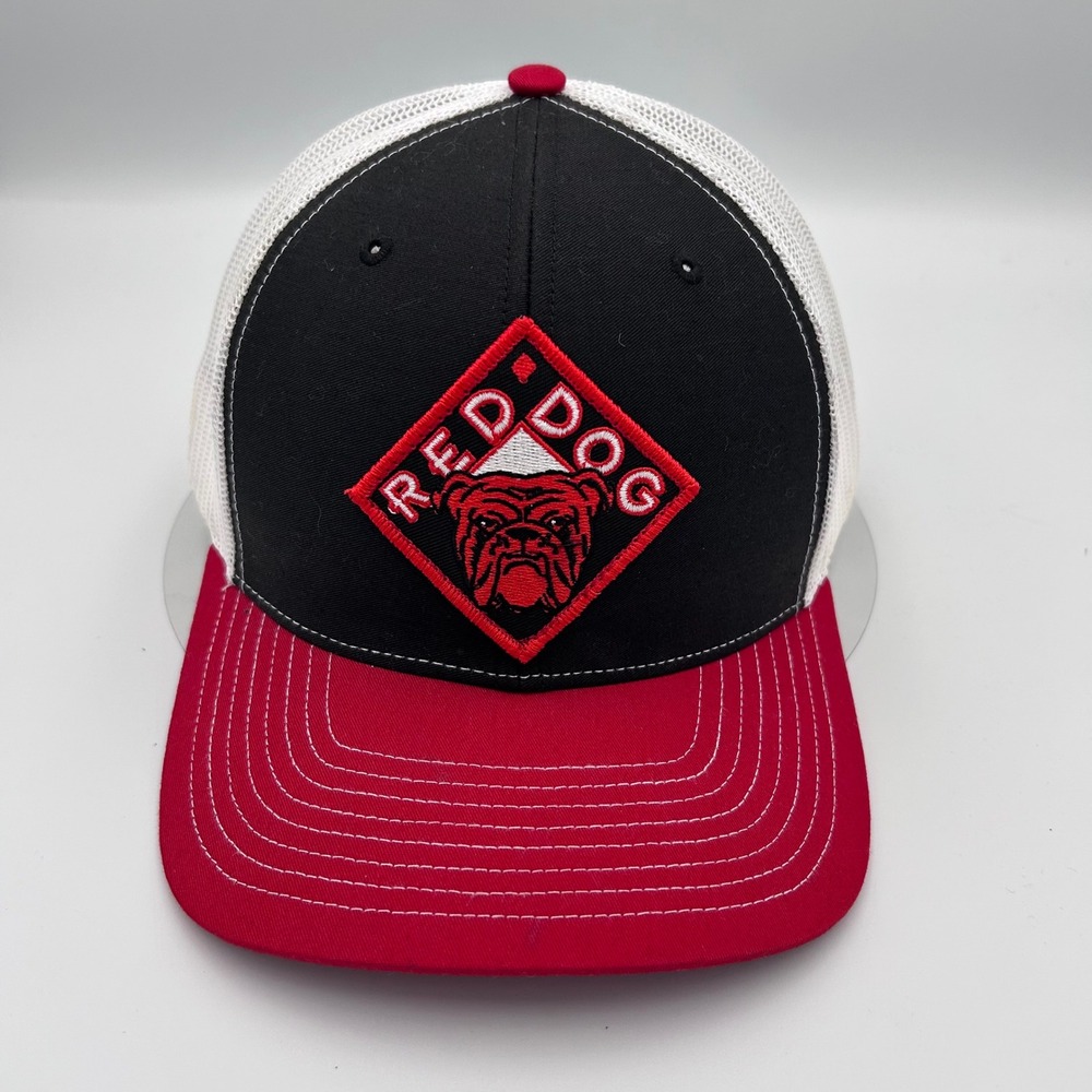 Richardson 112 Red Dog Bulldog Trucker Hat Snapback Black Red White Mesh Cap